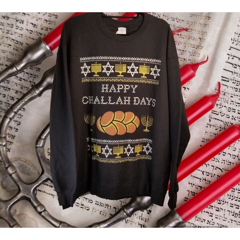 Men's Sweatshirt Happy Challah Days Black Judaic Menorah Star of David Size 2X